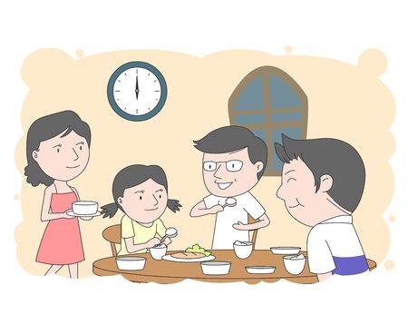 Illustration of a family gathering together for dinner in the evening.のイラスト素材