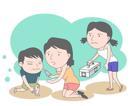 To son who hurt knee With my mom Illustration of a family of sister holding a medicine box.のイラスト素材