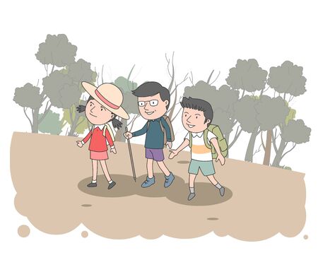 Family illustration with dad, son and daughter climbing together.のイラスト素材