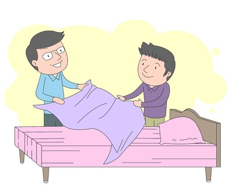 Illustration of dad and son arranging bed quilt.のイラスト素材