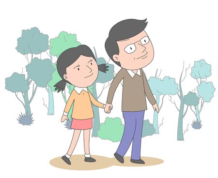 Illustration of dad and daughter holding hands together and walking happily.のイラスト素材