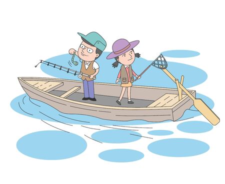 Illustration of dad and daughter enjoying fishing on a wooden boat.のイラスト素材