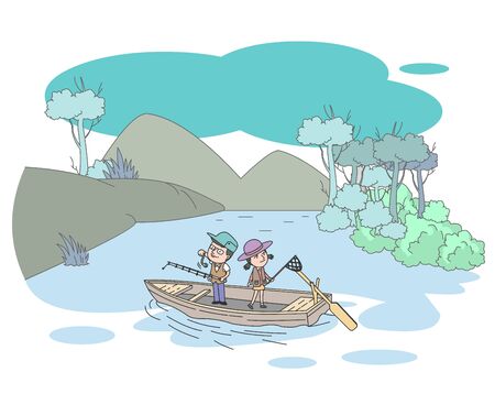 Illustration of dad and daughter enjoying fishing on a wooden boat.のイラスト素材