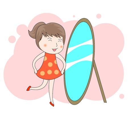 Illustration of a girl looking at the mirror and falling in love with herself.のイラスト素材