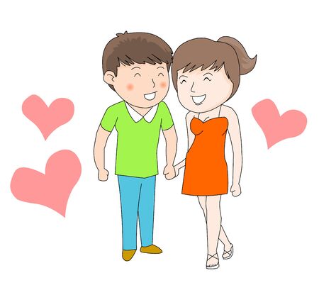 Illustration of a young man and woman smiling and feeling each other's feelings of love.のイラスト素材