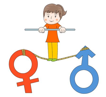 A girl standing on a sign symbolizing man and woman Keeping level Illustration expressing equality.のイラスト素材
