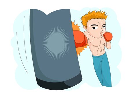 Illustration of a man practicing boxing and hitting a punching bag.のイラスト素材
