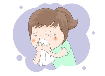 Illustration of a sick woman covering mouth with a handkerchief.のイラスト素材