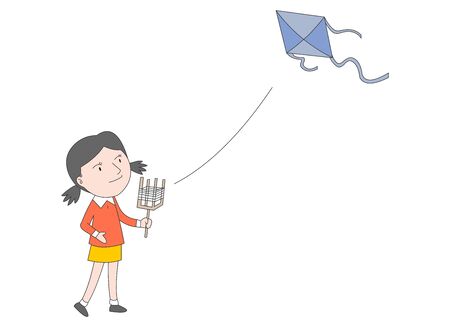 Illustration of a girl flying a kite.のイラスト素材