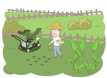 An illustration of a farmer sowing seeds in a green field.のイラスト素材
