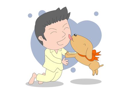 Illustration of a boy playing happily with a dog.のイラスト素材