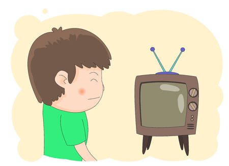Illustration of a boy laughing and watching television.のイラスト素材