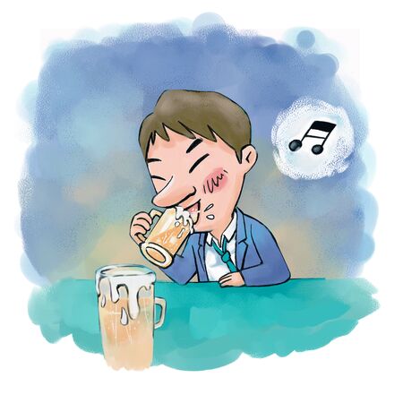 Happy office worker drinking beer illustrationの写真素材