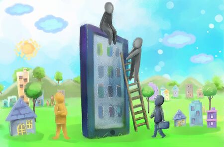 People exploring cell phones in green fields.の写真素材