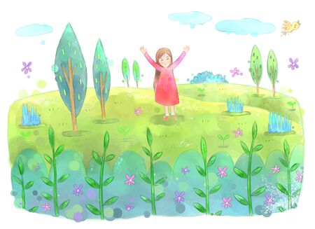 Green trees and flowers in the garden Happy woman illustration.の写真素材