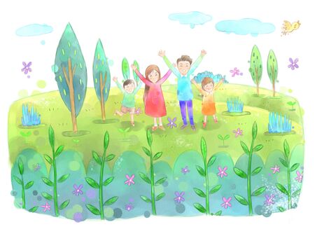 Green trees and flowers in the garden Happy family illustration.の写真素材