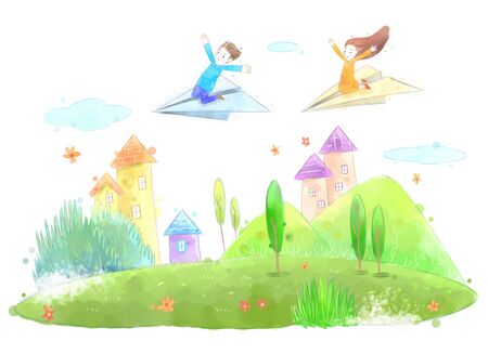 Green fields and trees, flying on the mountain Couple illustration.の写真素材