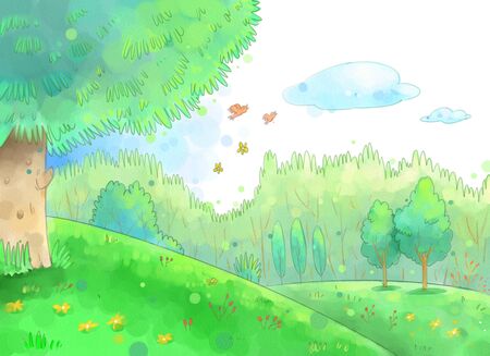 With green trees and fields The scenery of the forest is complete with spring energy.の写真素材