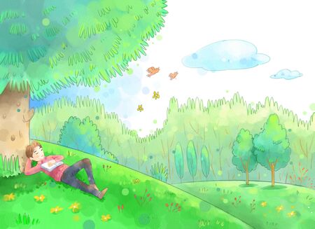 Green trees and fields, A man fell asleep while reading a book.の写真素材