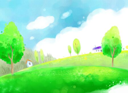 spring countryside illustration with blue sky and green fields.の写真素材