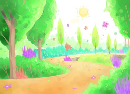 Illustration in green forest with dirt road.の写真素材