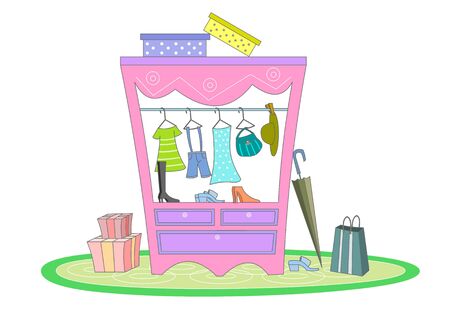 Illustration of various clothes, gift boxes, umbrellas and shopping bags in the closet.のイラスト素材