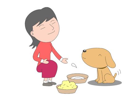 Illustration of a girl giving food and water to a dog.のイラスト素材