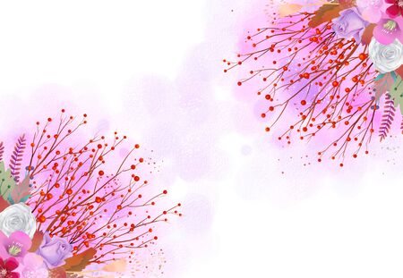 Branches with red berries Watercolor flowersの写真素材