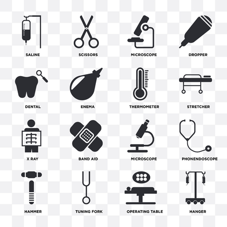 Set Of 16 icons such as Hanger, Operating table, Tuning fork, Hammer, Phonendoscope, Saline, Dental, X ray, Thermometer on transparent background, pixel perfectのイラスト素材