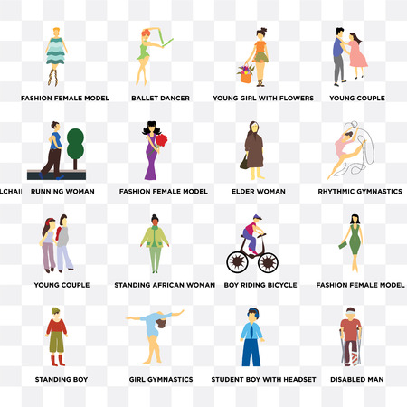 Set Of 16 transparent icons such as disabled man, Fashion female model, Girl gymnastics, Standing boy, young couple on transparent background, pixel perfectのイラスト素材