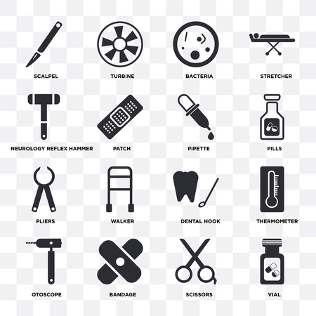 Set Of 16 icons such as Vial, Scissors, Bandage, Otoscope, Thermometer, Scalpel, Neurology reflex hammer, Pliers, Pipette on transparent background, pixel perfectのイラスト素材