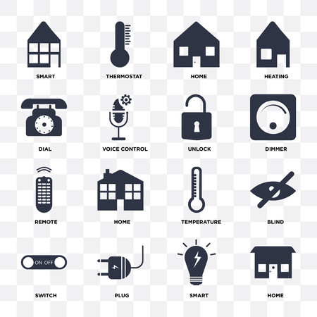 Set Of 16 icons such as Home, Smart, Plug, Switch, Blind, Dial, Remote, Unlock on transparent background, pixel perfectのイラスト素材