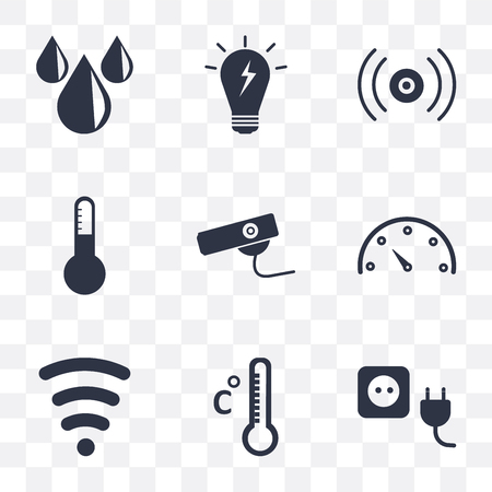 Set Of 9 simple transparency icons such as Plug, Temperature, Wireless, Meter, Security camera, Thermostat, Sensor, Smart, Water, can be used for mobile, pixel perfect vector icon pack on transparentのイラスト素材