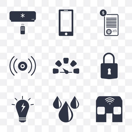 Set Of 9 simple transparency icons such as Smart home, Water, Smart, Locked, Meter, Sensor, Contract, Mobile phone, Air conditioner, can be used for mobile, pixel perfect vector icon pack onのイラスト素材