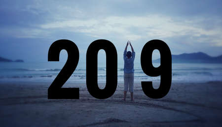 New Year concept - â2019â formed on background of beach scenery. With blurred vintage styled background.の写真素材