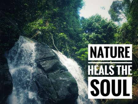 Motivational and inspirational quote - Nature heals the soul. Background of a waterfall.の写真素材