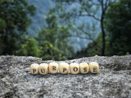 Motivational and inspirational word - âPURPOSEâ formed from arranged wooden blocks with letter. Blurred vintage styled background.の写真素材