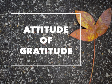 Motivational and inspirational wording. Attitude of gratitude. Written on blurred vintage styled background.の写真素材