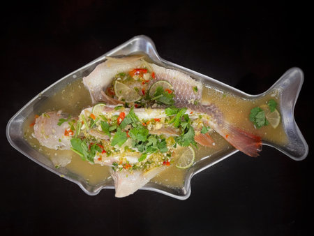 Food and cuisine concept. Thai dish menu. Steam lime fish served on a table.の写真素材
