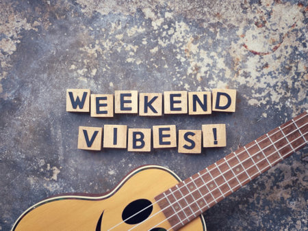Motivational and inspirational wording. WEEKEND VIBES written on wooden blocks. With blurred styled background.の写真素材