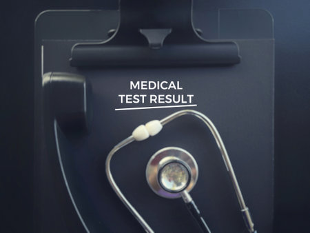 Health and medical concept. MEDICAL TEST RESULT written on dark and blurred background.の写真素材
