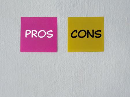 Opinion and ideas concept. PROS and CONS written on adhesive papers. With white blurred vintage styled background.の写真素材