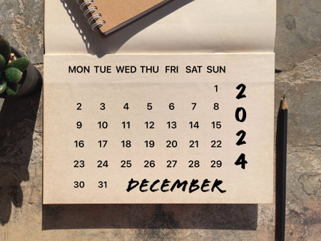 Month, time and calendar concept. Calendar for month of DECEMBER 2024. On blurred styled background.の写真素材