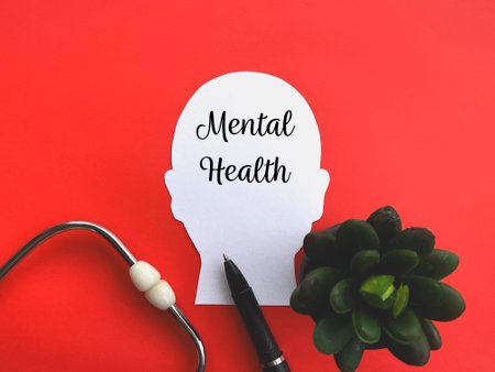 Health and medical care awareness concept. MENTAL HEALTH text written on a human head cutout paper.の写真素材