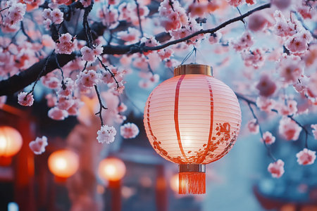 Chinese lanterns on the background of blooming sakura branches.の素材