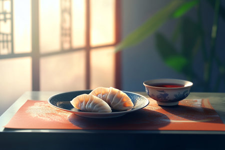 Chinese dumplings on a plate and a cup of tea on the tableの素材