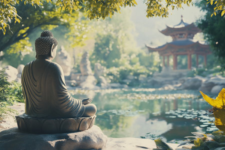 Buddhist statue  meditating in the garden of chinese templeの素材