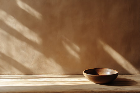 Clay bowl on top of table with light and shadow, mocha mousse wall paintingの素材