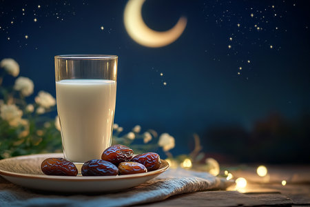 Glass of milk and dates fruits on a plate with crescent moon backgroundの素材