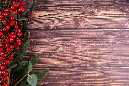 Christmas decorations and empty space for copy space on wooden background. Christmas concept.の写真素材